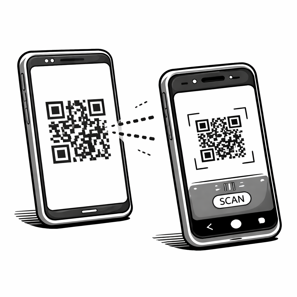 Two phones: one shows a QR code, the other scans it with a Scan button